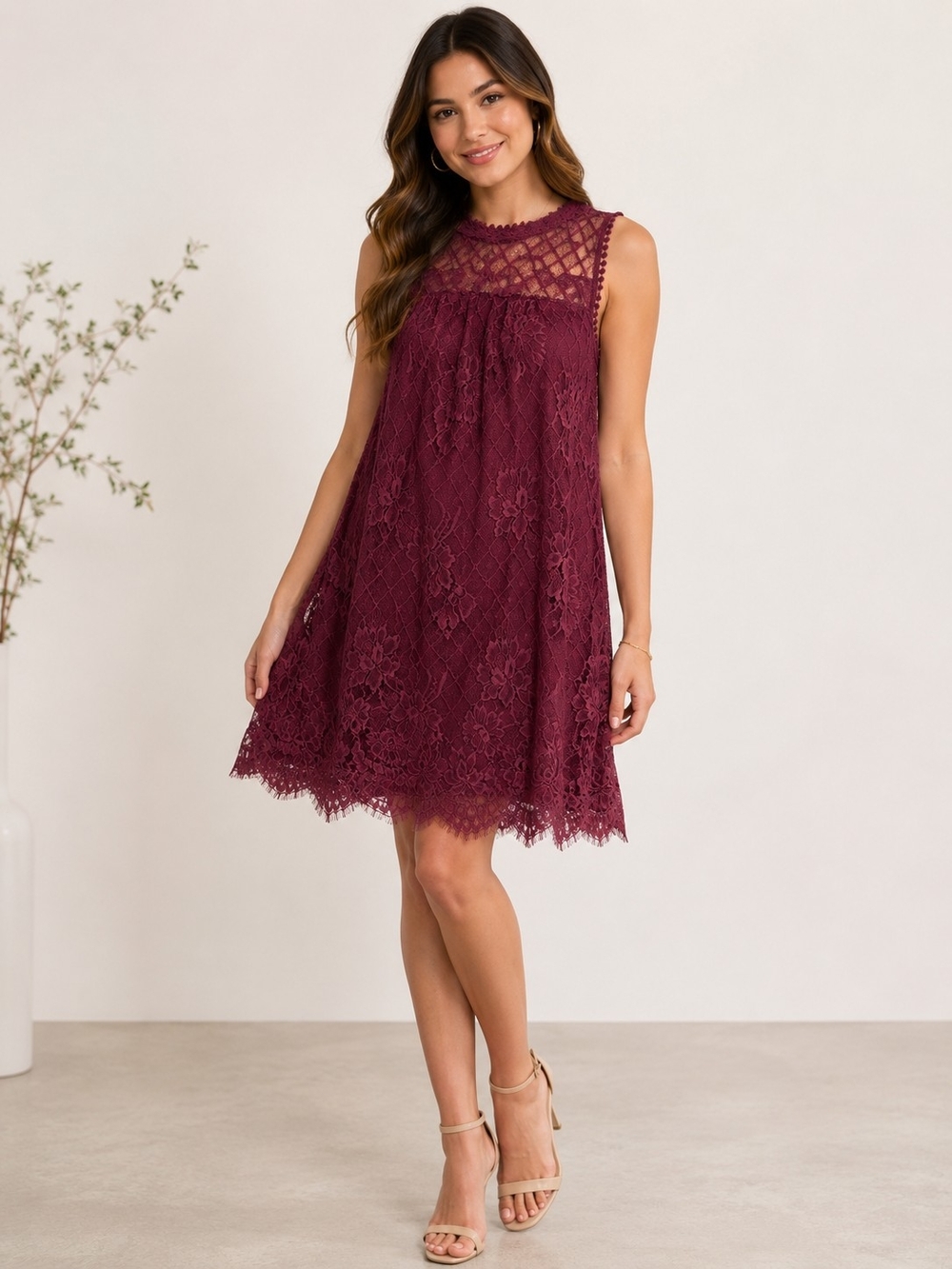 Lace Sleeveless Mini Dress in Burgundy